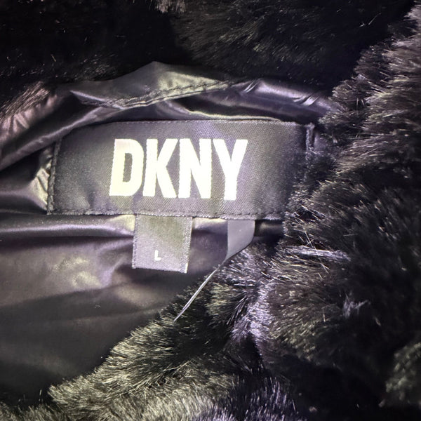 DKNY Womens Black Faux Fur & Nylon Tie-Waist Puffer Full-Zip Vest Size L