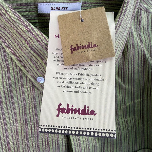 Fabindia Mens Green Striped Cotton Shirt Slim Fit Long Sleeve Size L - New