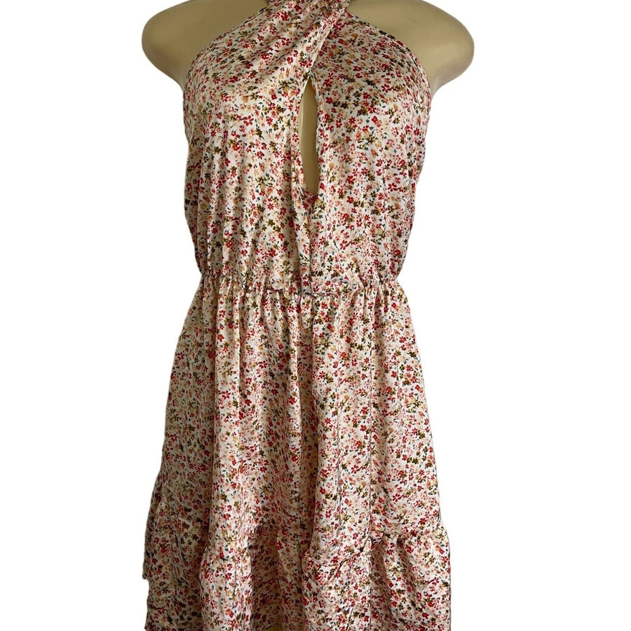 Floral Halter Neck Mini Dress With Ruffle Hem & Open Back New