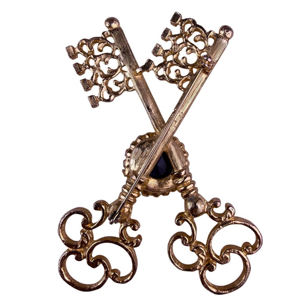 Vintage Unknown Gold Tone Decorative Jewelry Double Key Brooch With Blue Jewel