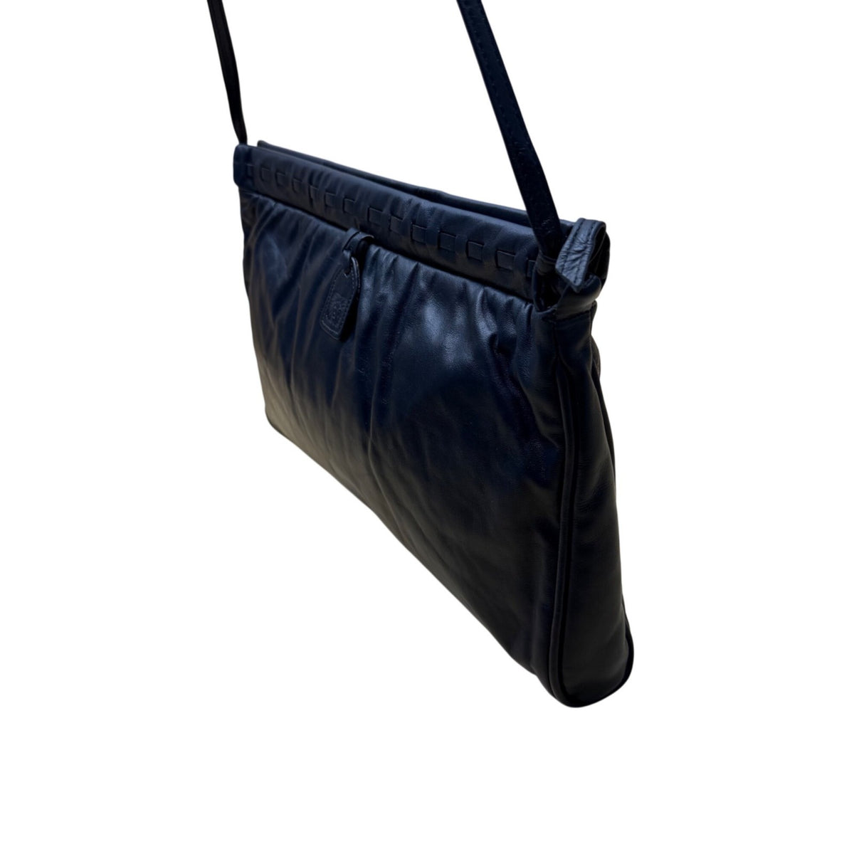 Anne Klein Women’s Dark Blue Leather Soft Woven Detail Logo Tag Shoulder Bag
