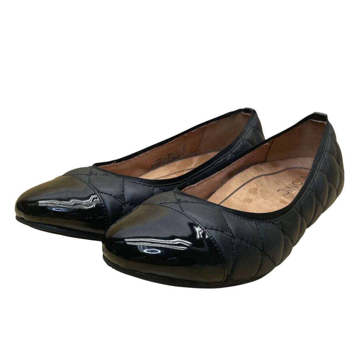 Women’s Black Quilted Leather Desiree Patent Cap Toe Flats Size 6.5