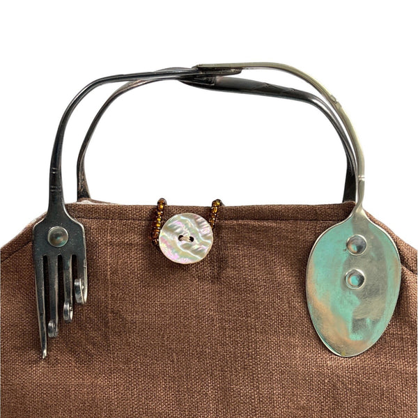 Handcrafted Women's Brown Silverware Crafty Art Handle Handbag Sz M