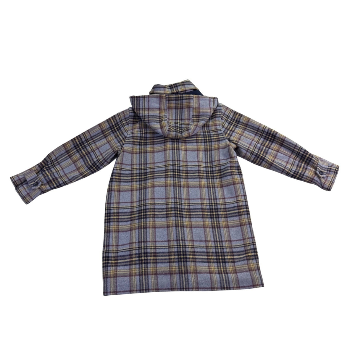 L.L. Bean Womens Plaid Wool-Blend Hooded Toggle Coat Blue/Yellow Sz M