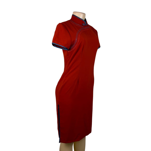 Womens Red Cheongsam Qipao Dress With Blue Trim & Embroidery Elegant Style Sz XL