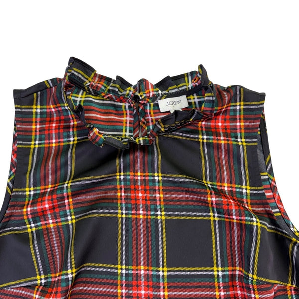 J.Crew Women’s Plaid Ruffle Neck Sleeveless Top Black/Red Lightweight Sz XS