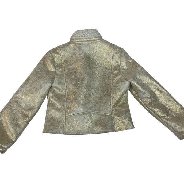 Billieblush Girls Gold Shearling Biker Jacket With Asymmetrical Zip Closure