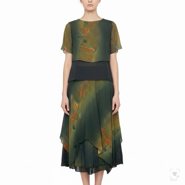 Suzanne Womens Green & Orange Chiffon Skirt & Sheer Jacket Set Floral Sz S