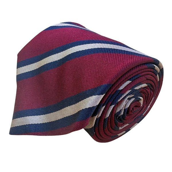Lands End Mens Burgundy Navy & White 100% Silk Striped Tie Handsewn Classic