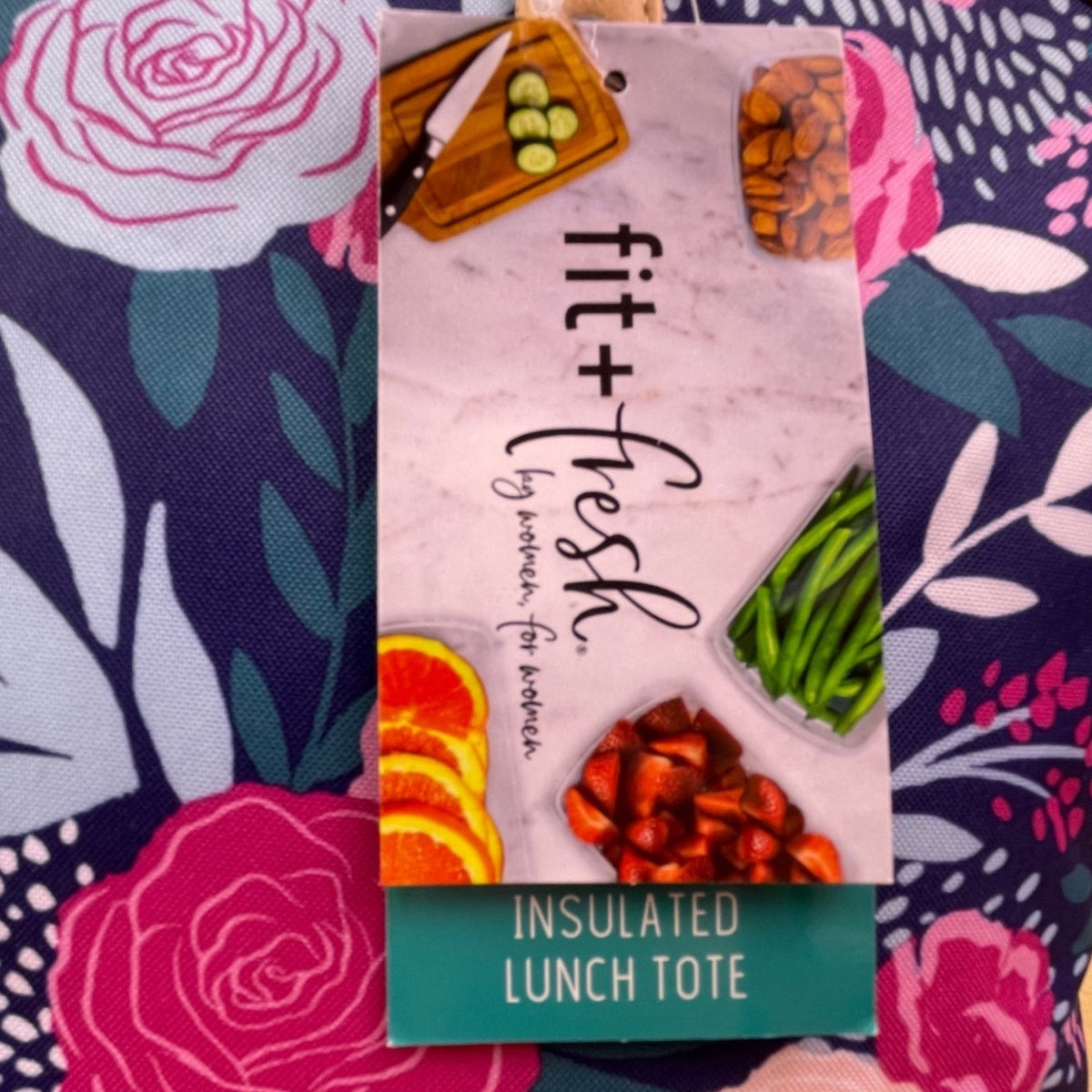 Fit + Fresh Women’s Navy Blue Floral Insulated Lunch Tote With Dual Tan Handles