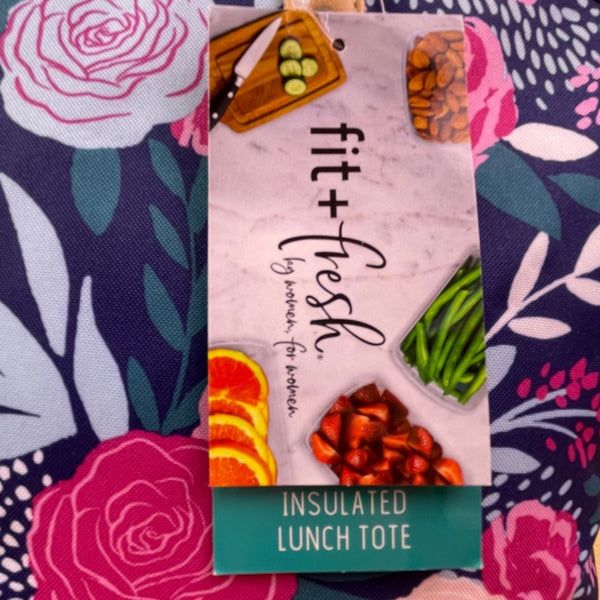 Fit + Fresh Women’s Navy Blue Floral Insulated Lunch Tote With Dual Tan Handles