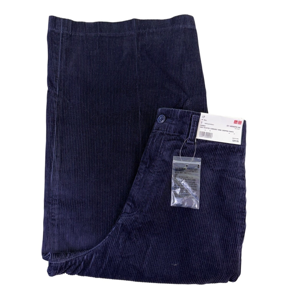 Uniqlo Womens Navy Cotton High-Waisted Corduroy Wide Cropped Pants Size 2