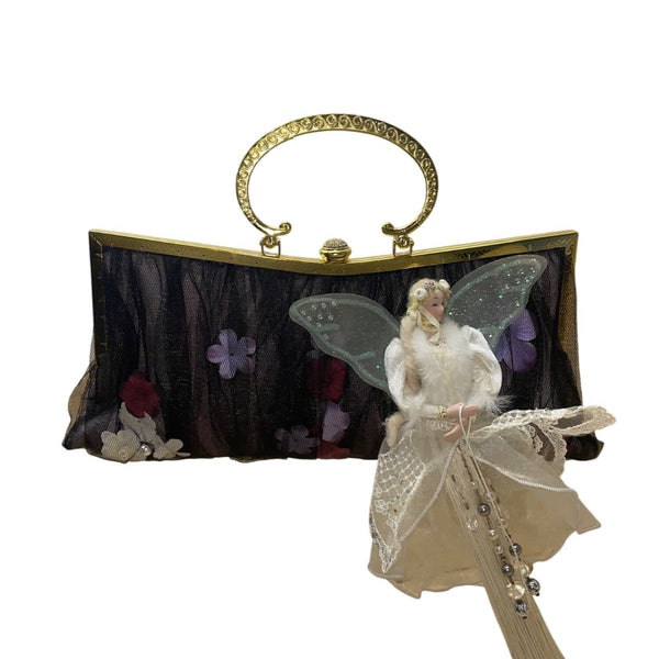 Vintage Black Mesh Fairy Themed Handbag With Gold Frame Unique Evening Bag