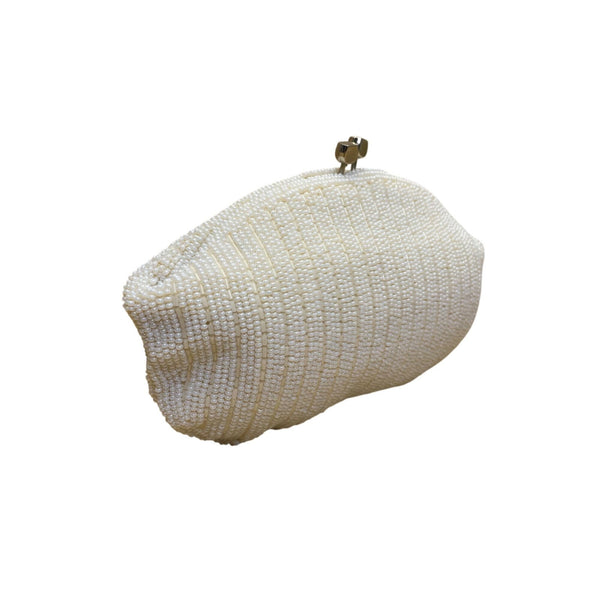Vintage Women’s Ivory Hand-Beaded Elegant Shell Design Satin Lining Clutch Purse