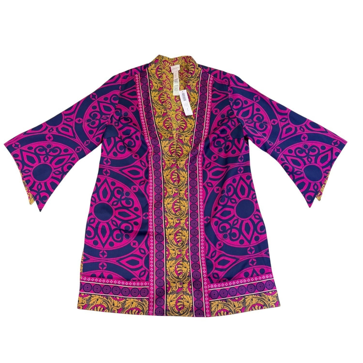 Chicos Womens Pink & Yellow Open Front Kimono With Bold Abstract Pattern Size 2
