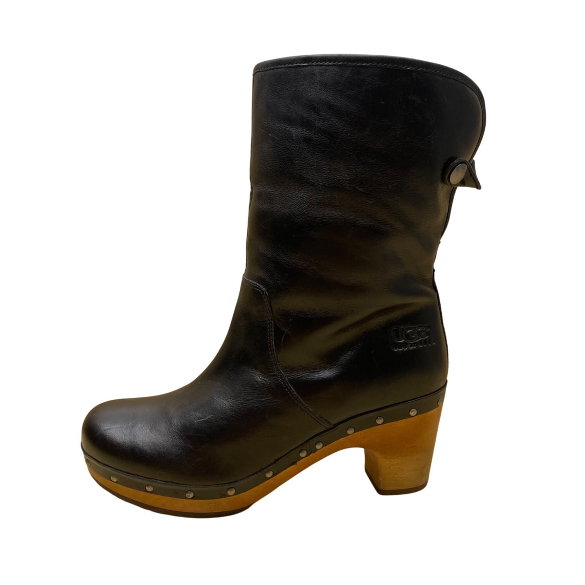UGG Women’s Black Leather Sheepskin Lined Wooden-Heeled Mid-Calf Boots Size 7