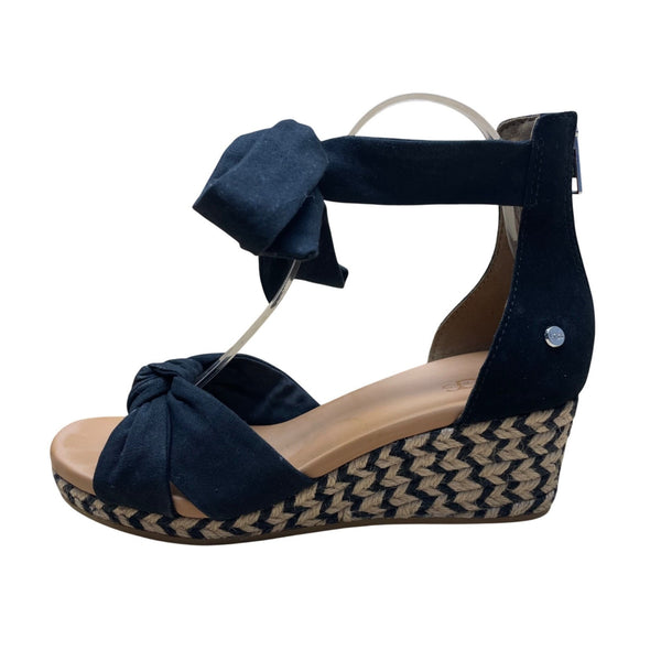 UGG Womens Black Fabric Wedge Sandals Bow Ankle Strap Espadrille Design Size 7