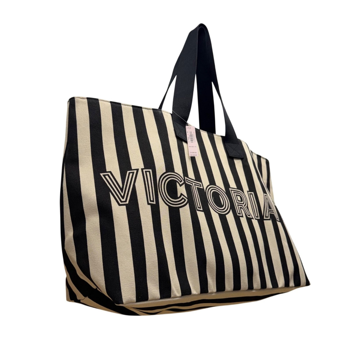 Victorias Secret Women’s Black & Cream Canvas Striped Signature Logo Tote Bag
