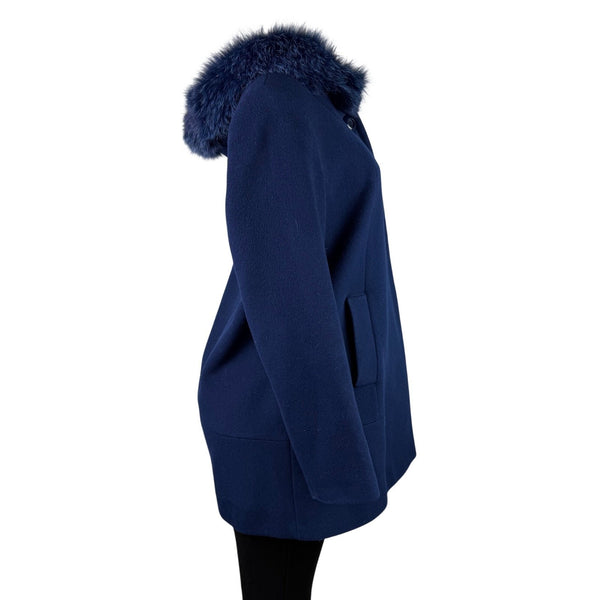 Pendleton Womens Navy Wool & Cashmere Coat With Fox Fur Trim Hood Size 8