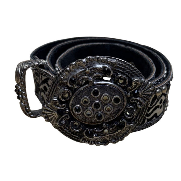 Vintage Black Floral Belt Silver Accents Ornate Buckle  Adjustable Fit