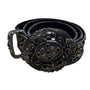 Vintage Black Floral Belt Silver Accents Ornate Buckle  Adjustable Fit