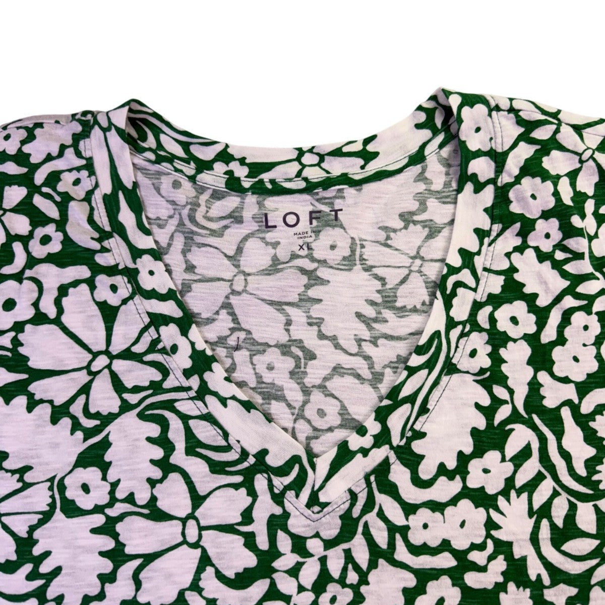 Loft Womens Green & White Floral Print Short Sleeve V-Neck T-Shirt Size XL