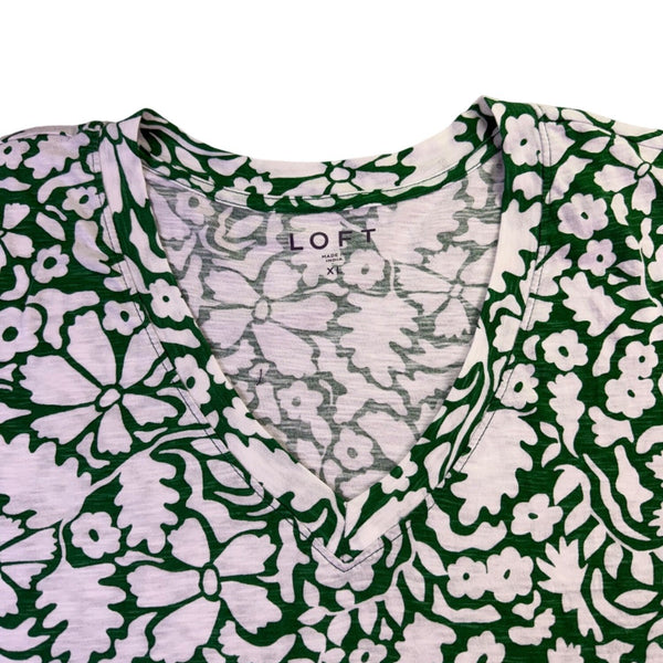 Loft Womens Green & White Floral Print Short Sleeve V-Neck T-Shirt Size XL