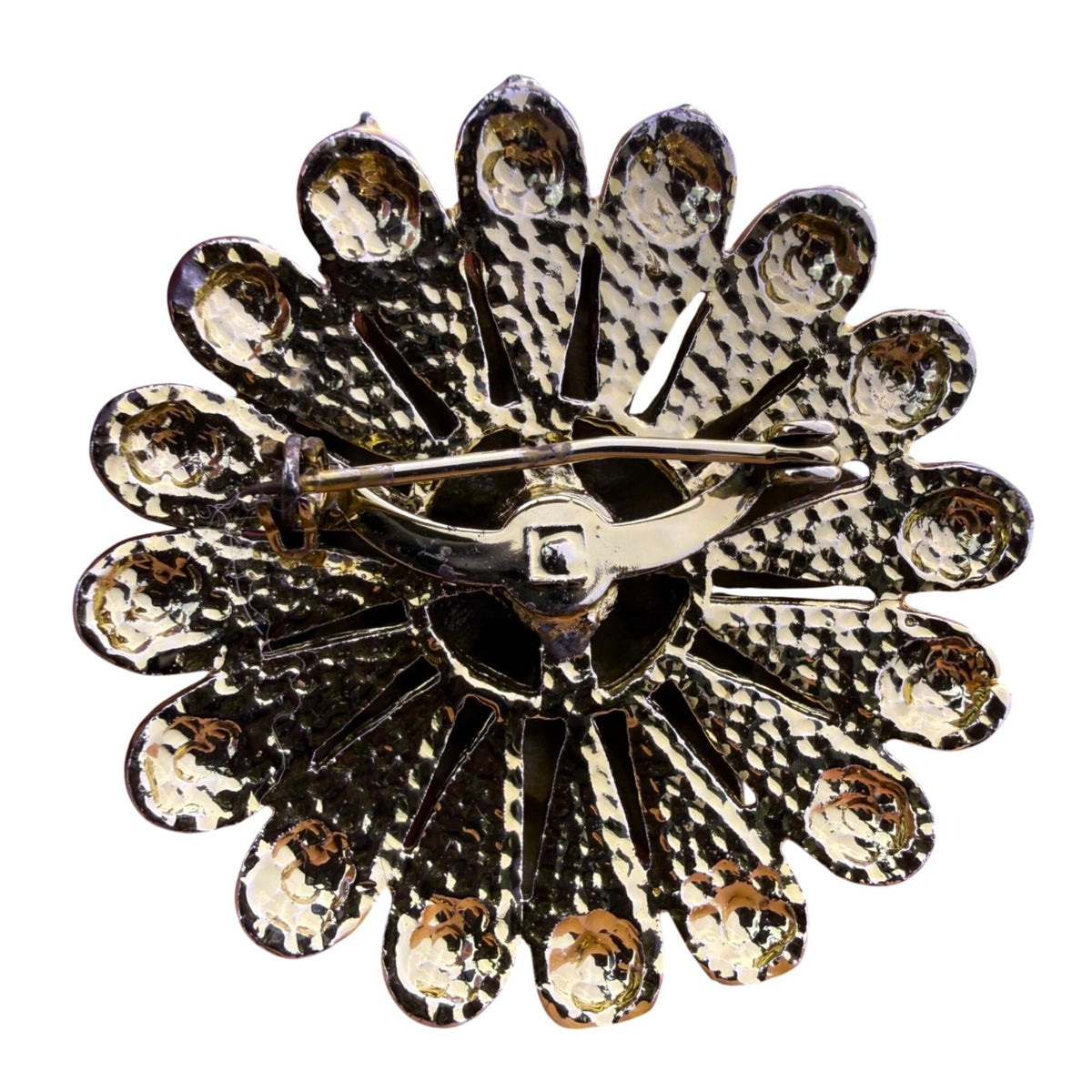 Amber Tone Rhinestone Flower Brooch Dome Layered Metal Women’s Jewelry