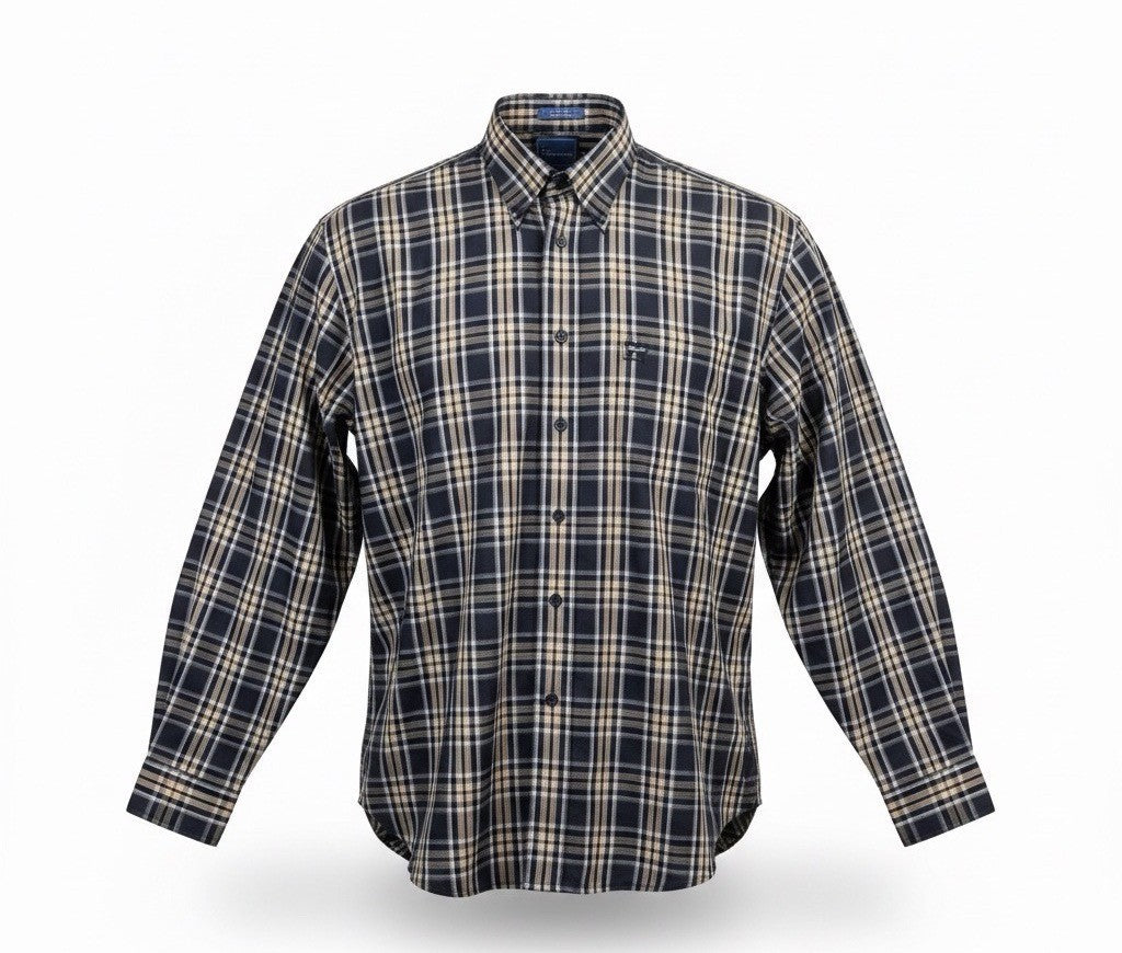 Faconnable Mens Navy & Beige Plaid Button-Up Shirt Casual Fit Size XL