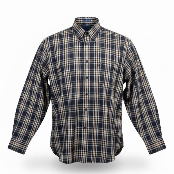 Faconnable Mens Navy & Beige Plaid Button-Up Shirt Casual Fit Size XL