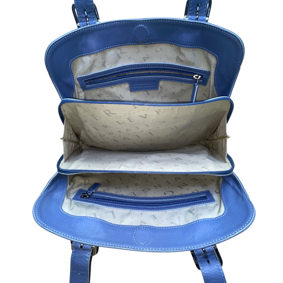 Levenger Women’s Blue Leather Double Handles Front Pocket Shoulder Tote Bag