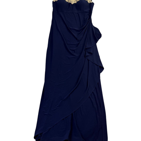 Alex Evenings Womens Navy Mesh Evening Gown With Gold Embellished Bodice Size 14