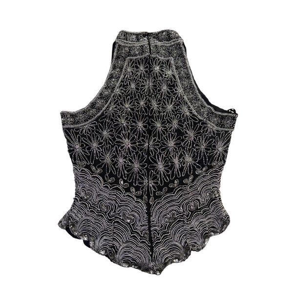 Papell Boutique Womens Black Silk Beaded Halter Top Evening Wear Size M