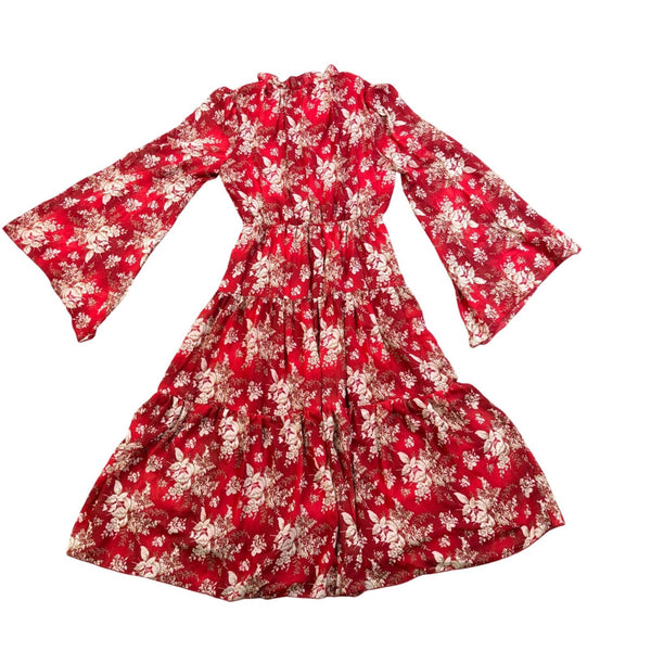 Missguided Womens Red Floral Midi Dress With Bell Sleeves Size US 6
