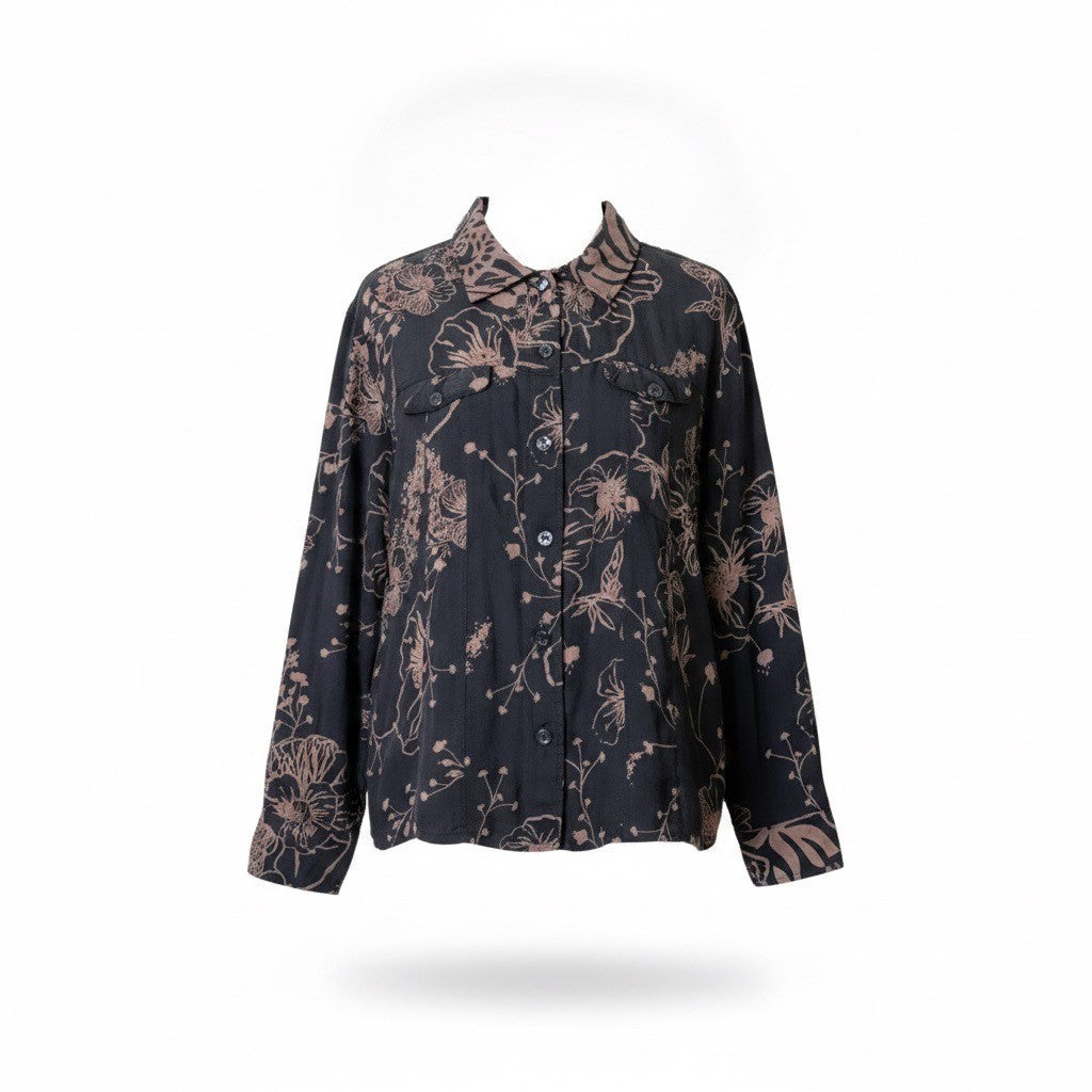 Chicos Womens Black & Brown 100% Silk Button-Up Floral Blouse Shirt Size 3