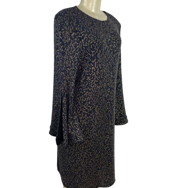 MSK Womens Metallic Knit Bell Sleeve Dress Black/Gold Keyhole Back Sz L - New