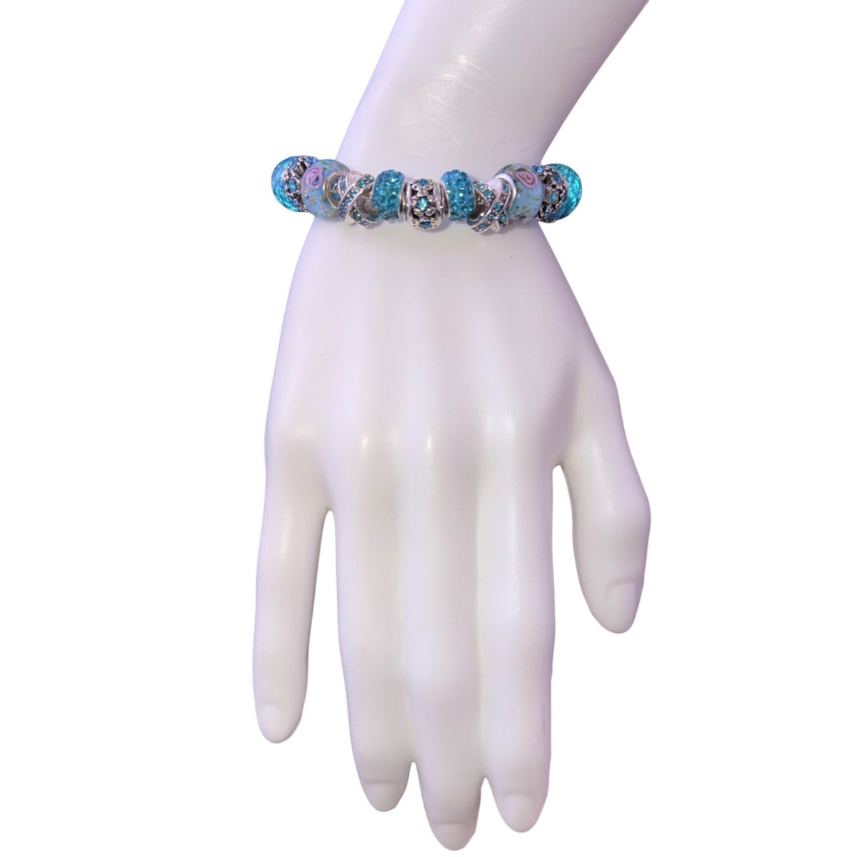 Blue Crystal & Silver Tone Charm Bracelet  Women’s Lightweight Glass Details