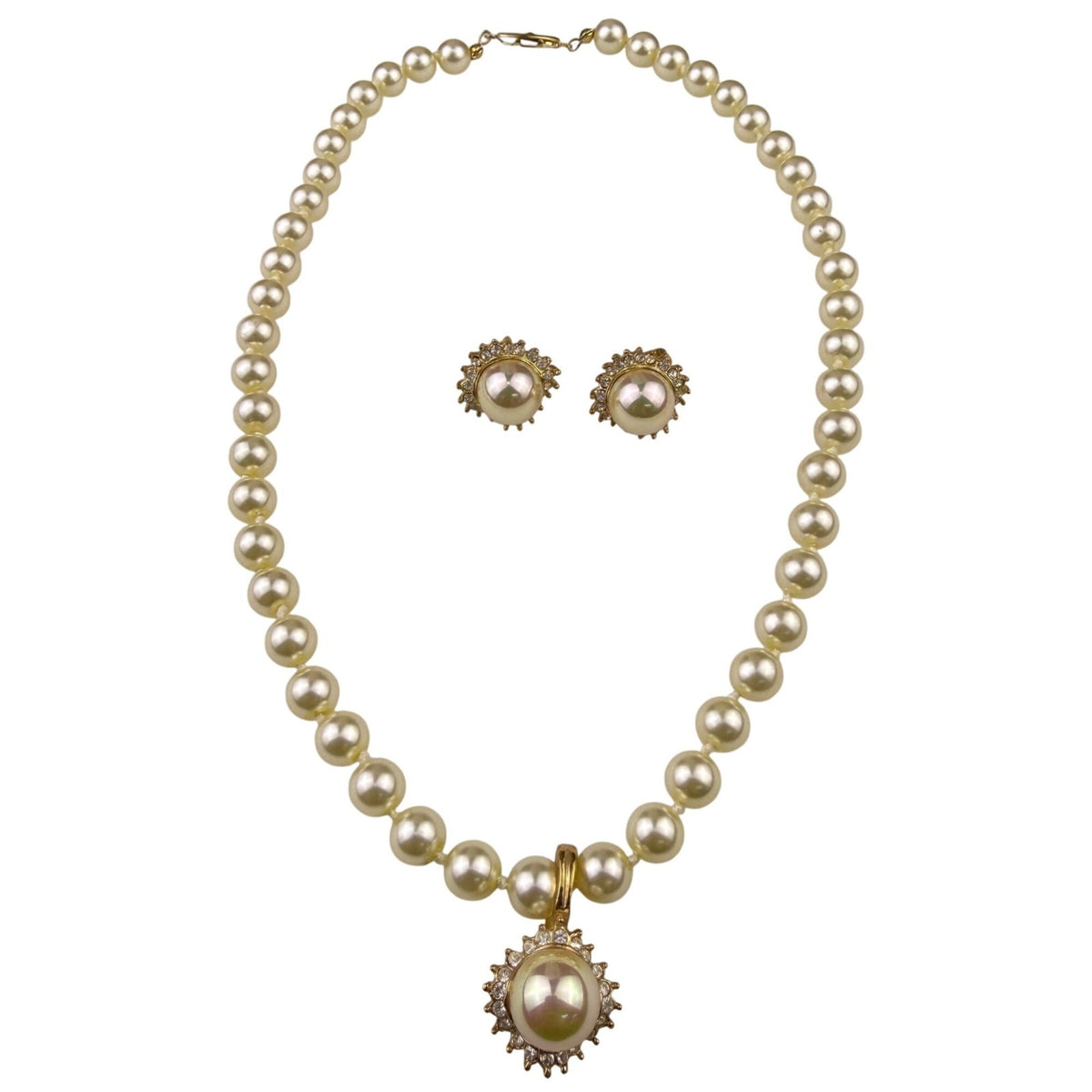 Vintage Roman Faux Pearl & Rhinestone Gold Tone Necklace & Clip-On Earrings Set