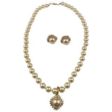 Vintage Roman Faux Pearl & Rhinestone Gold Tone Necklace & Clip-On Earrings Set