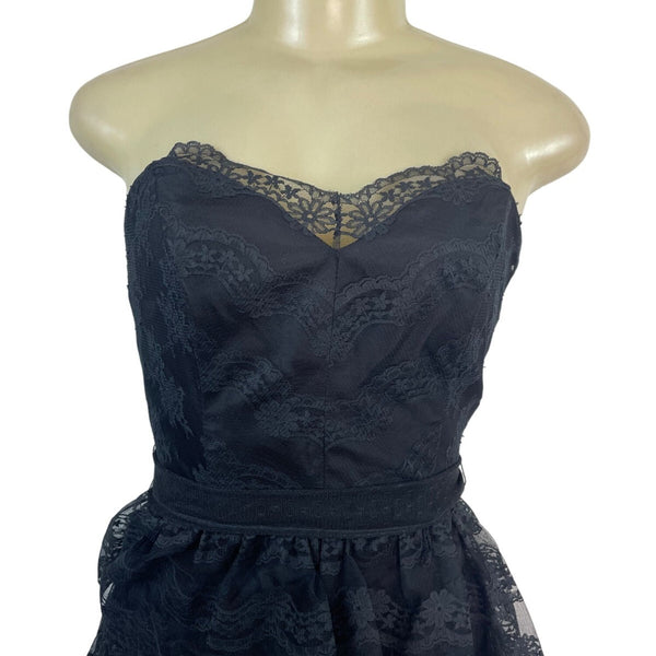 Vintage TD4 Strapless Black Lace Tiered Party Dress With Bow Back Detail Sz 7/8