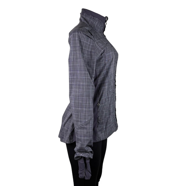 Lululemon Womens Gray Plaid Full-Zip Lightweight Jacket Ruffle Trim High Collar