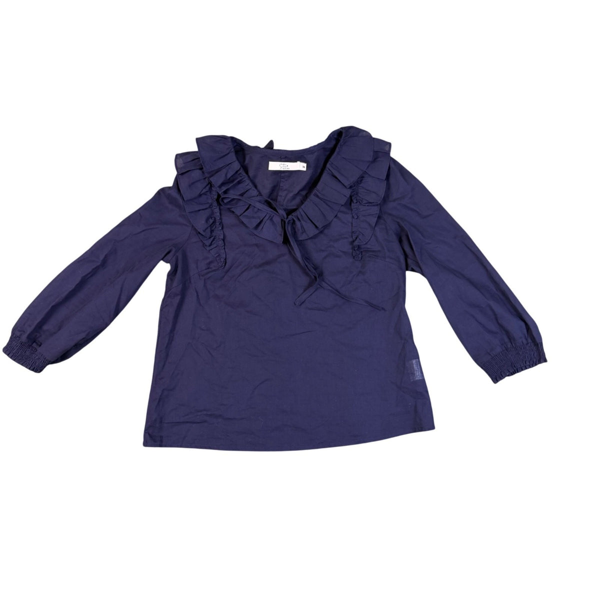 Star By So Nice Womens Navy Cotton Blouse With Ruffled Collar Long Sleeves Sz 36