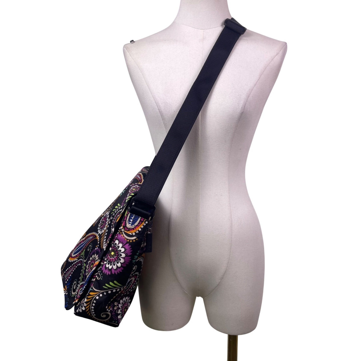 Vera Bradley Women’s Black Paisley Bold Floral Pattern Adjustable Messenger Bag