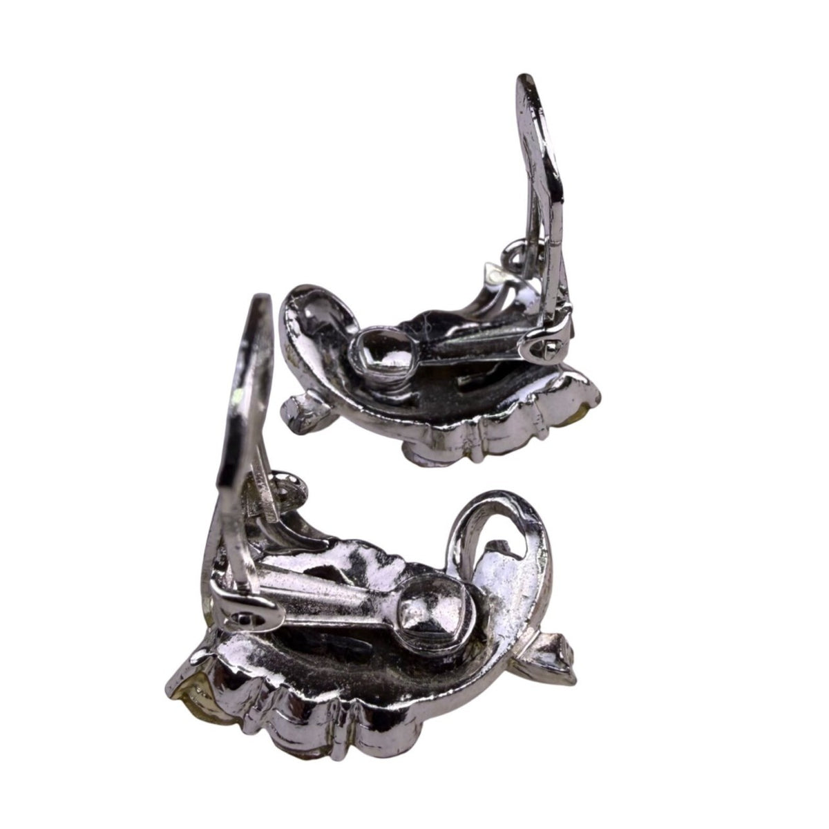 Vintage Womens Silver Tone Rhinestone Floral Brooch & Clip-On Earrings Set