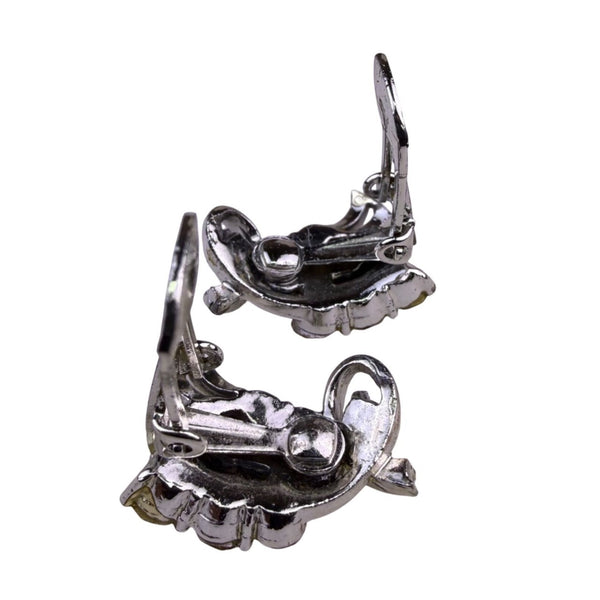 Vintage Womens Silver Tone Rhinestone Floral Brooch & Clip-On Earrings Set