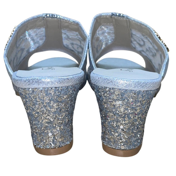 FashionShoes Women’s Silver Glitter Mesh Chic Slip-On Open-Toe Block Heel Sz 37