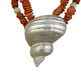 Coral & White Conch Shell Statement Necklace W/ Gold Tone Accents & Hook Clasp
