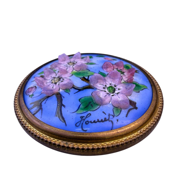 Vintage French Enamel & Metal Floral Brooch Purple/Green/Gold Round Design