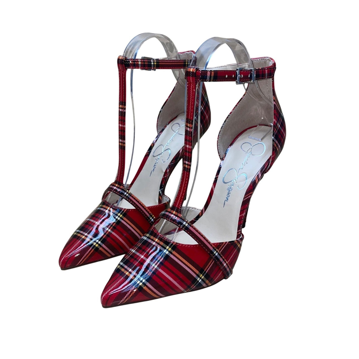 Jessica Simpson Women’s Red Faux Patent T-Strap Plaid Pointed Toe Heels Size 6M