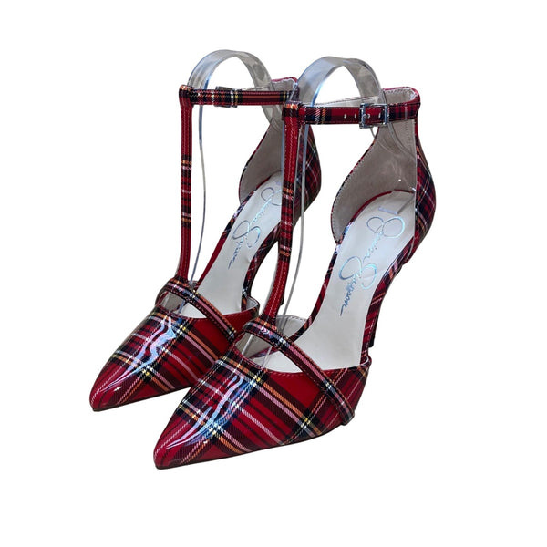 Jessica Simpson Women’s Red Faux Patent T-Strap Plaid Pointed Toe Heels Size 6M